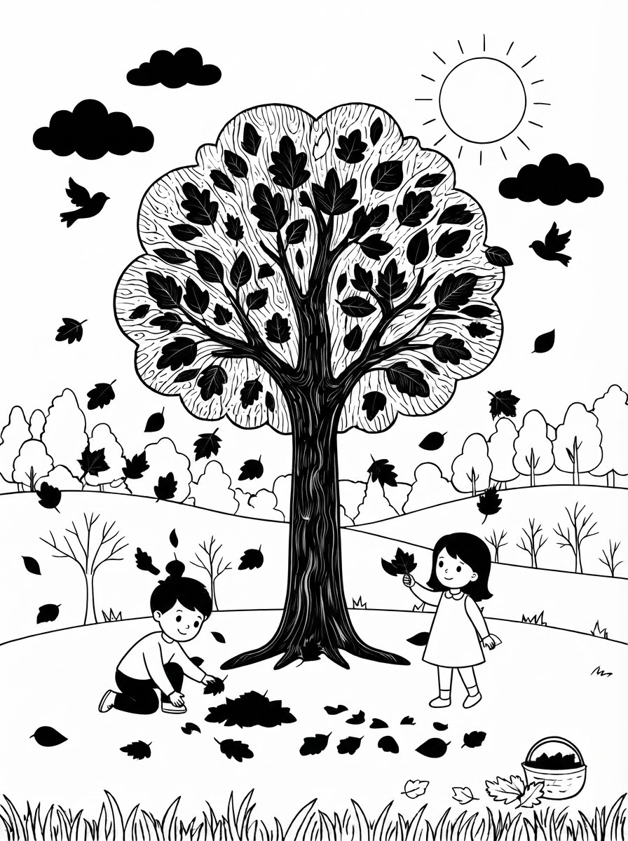 Coloring page: a simple fall tree with leaves falling on the ground, sun with no face, clouds and a few boys and girls (edited: no face on the sun, no house or fence) (edited: can you color this sheet?) (edited: can you color also the grass where the kids are and the tree) (edited: less leaves and grass on the ground and the kids raising their hands) (edited: the boys and girls being happy) (edited: no boys and girls and no pumpkin) (edited: add a couple of birds flying and a boy and girl) (edited: can you color this sheet)