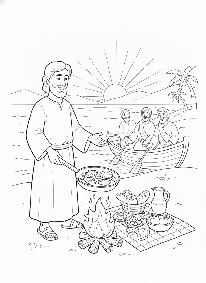 Coloring page: Jesus cooking breakfast by the sea (edited: Jesus cooking fish over a fire, bread, disciples in a boat, sea, trees, sun)