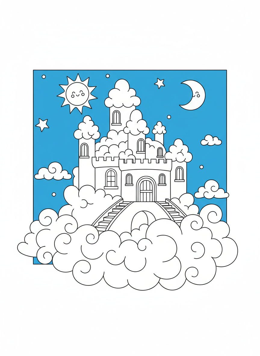 Coloring page: Cloud castle floating in blue sky
