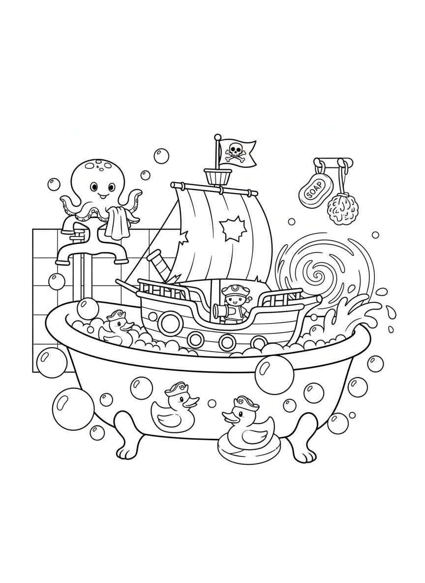 Coloring page: Toy ship in a bathtub adventure