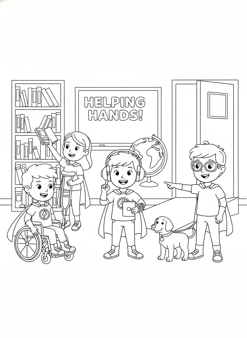 Coloring page: Cartoon accessibility superheroes helping classmates