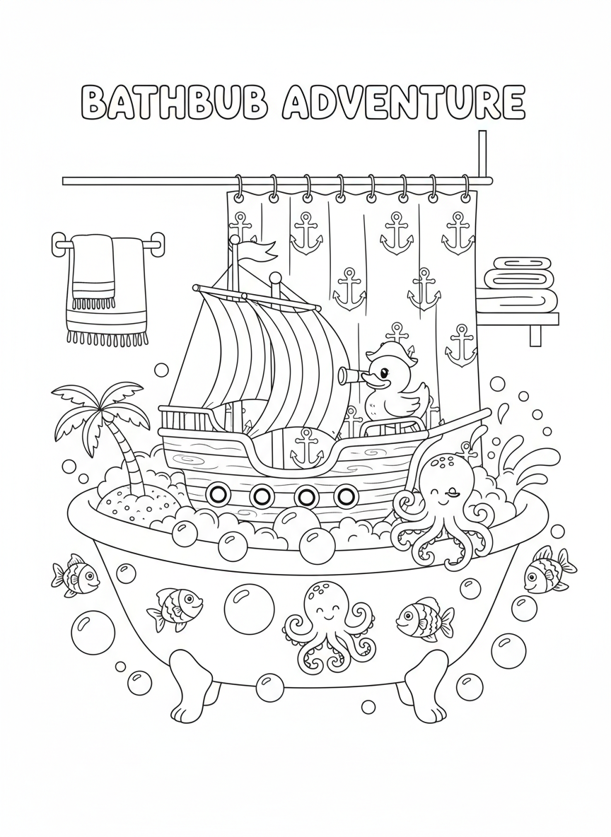 Coloring page: Toy ship in a bathtub adventure