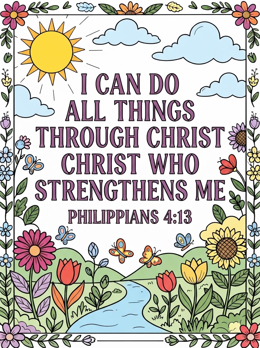 Coloring page: Stencil letters "I can do all things through Christ who strengthens me" Philippians 4:13. Add sun, clouds and flowers (edited: change the stencil letters to letters to color) (edited: remove the happy face on the sun) (edited: can you color this sheet?)