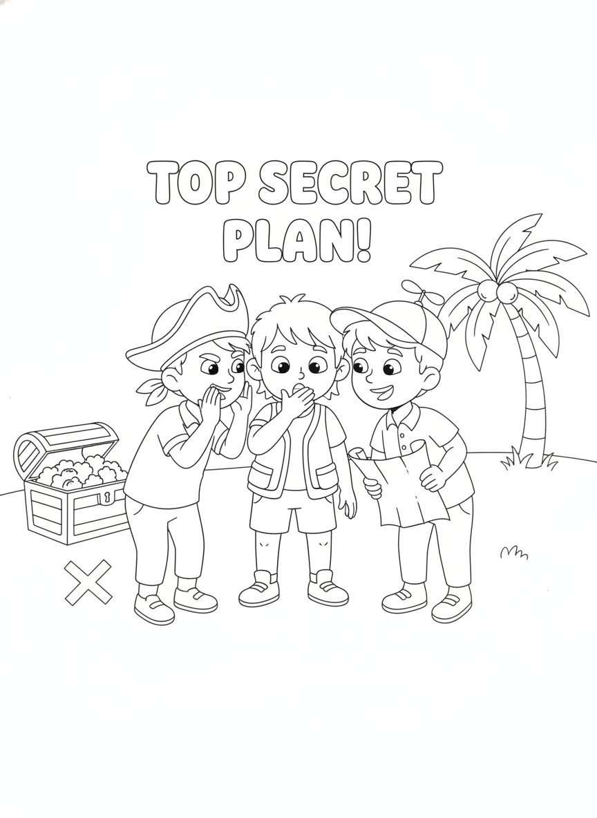 Coloring page: Kids whispering a secret plan