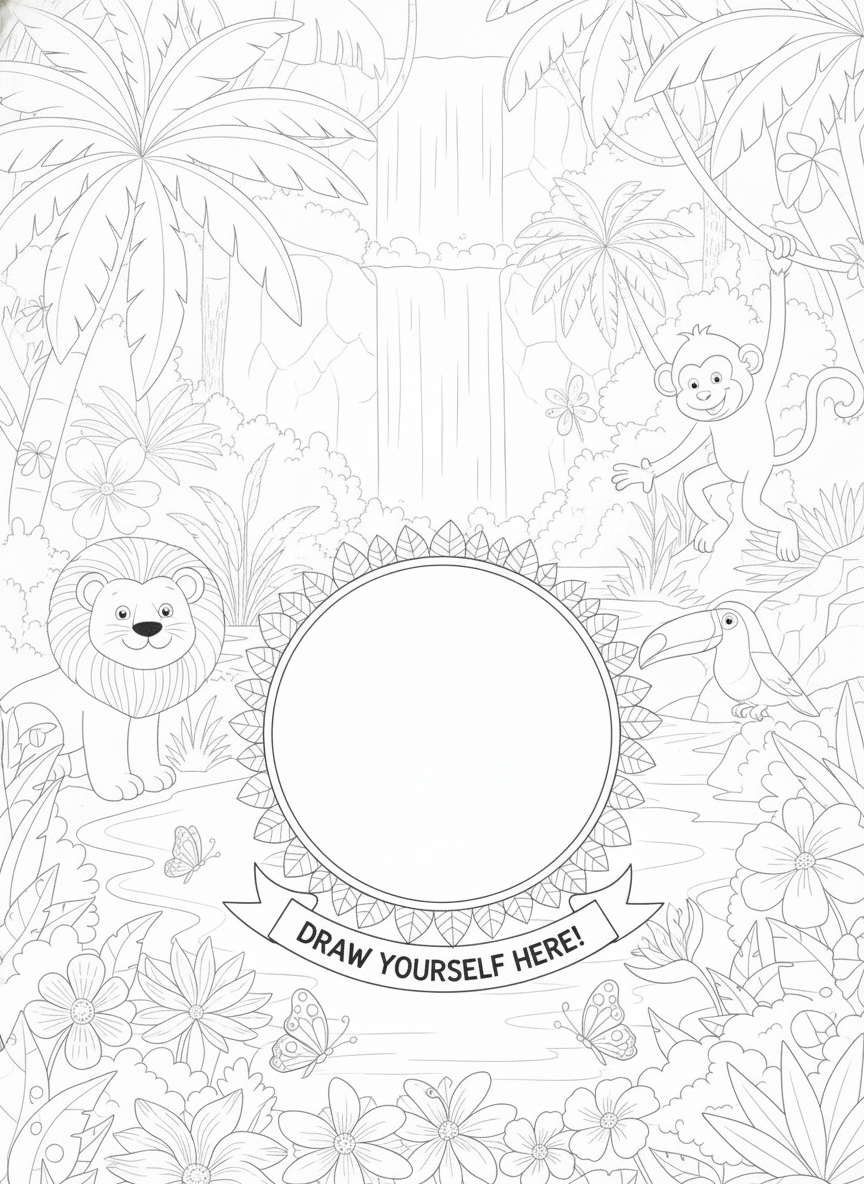 Coloring page: jungle themed page where children can draw their own character (edited: simpler background and larger area to draw)