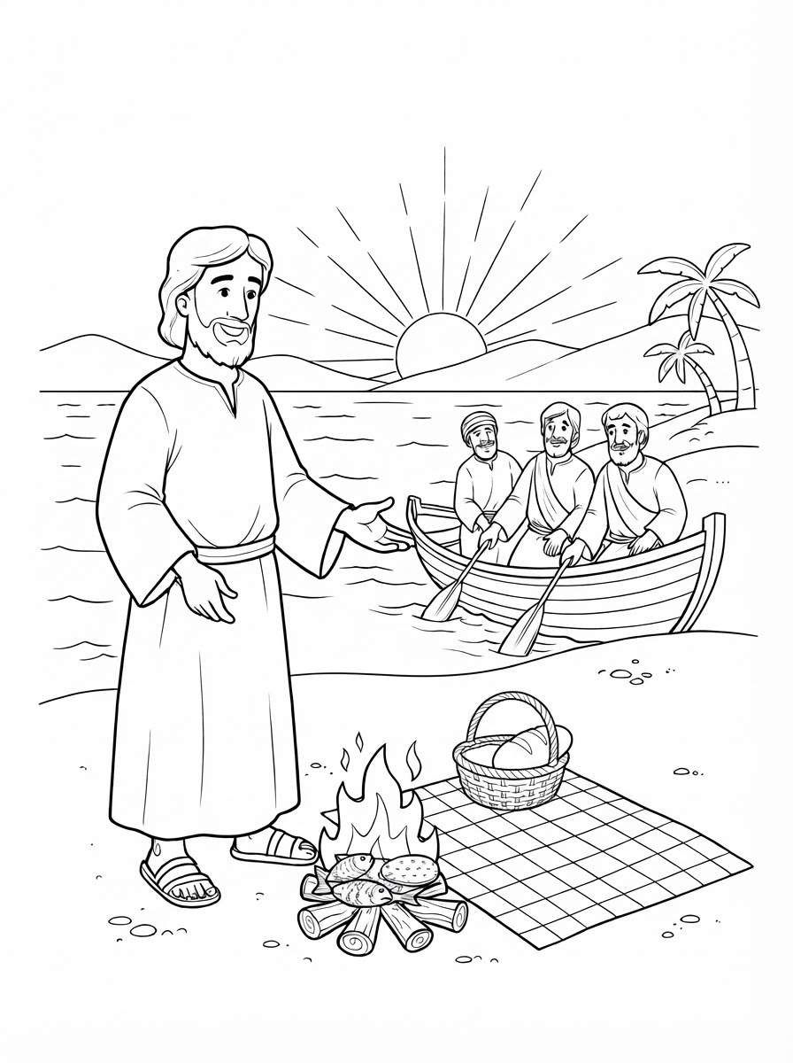Coloring page: Jesus cooking breakfast by the sea (edited: only leave Jesus with cooking the fish in a pan over a fire with bread to the side, boat with disciples in it, sea, sun, mountains, trees) (edited: Color this page) (edited: can you remove the frying pan and lay fish and bread on the coals) (edited: remove the apple)
