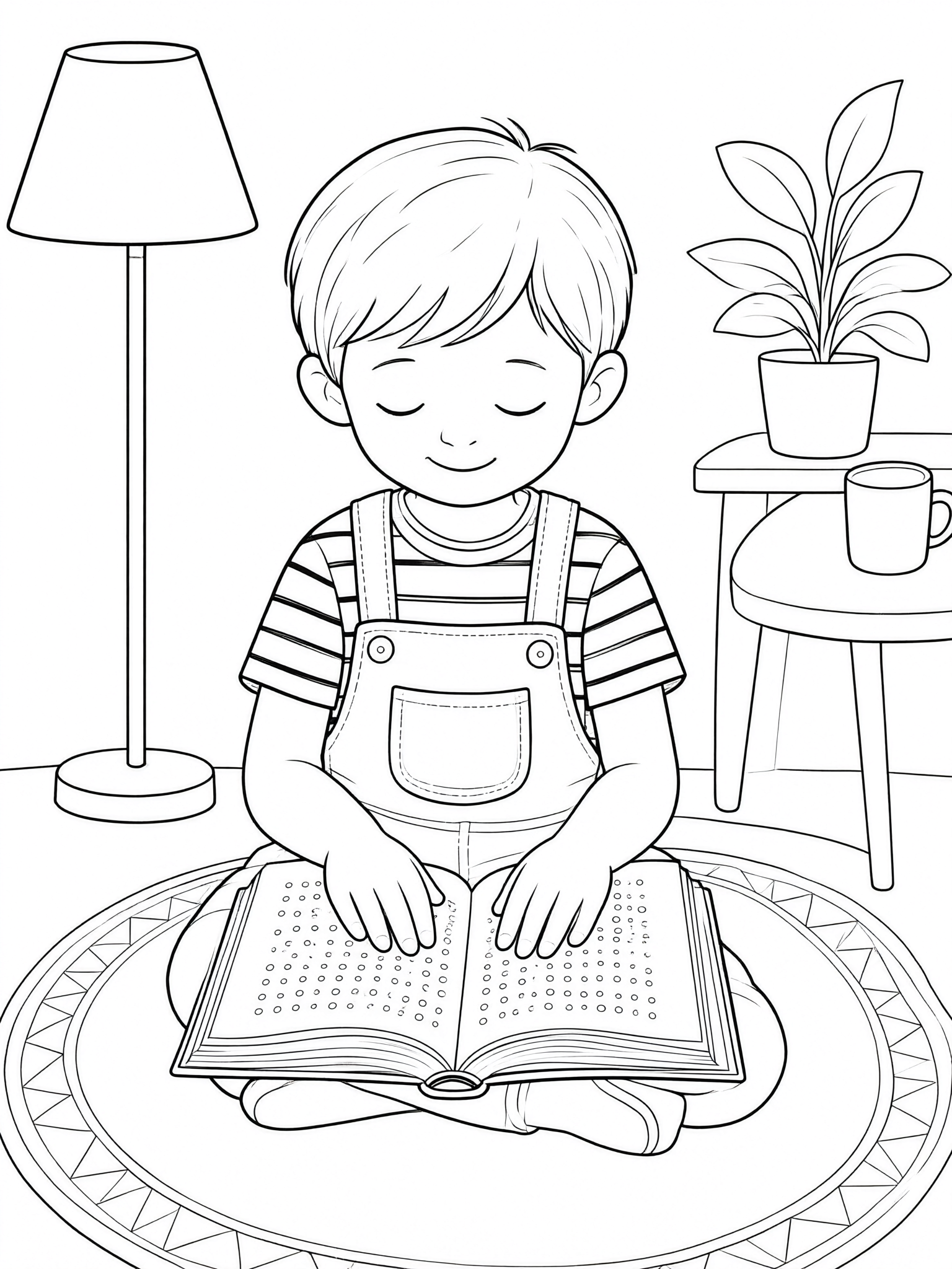 Coloring page: simple picture of blind kid reading Braille
