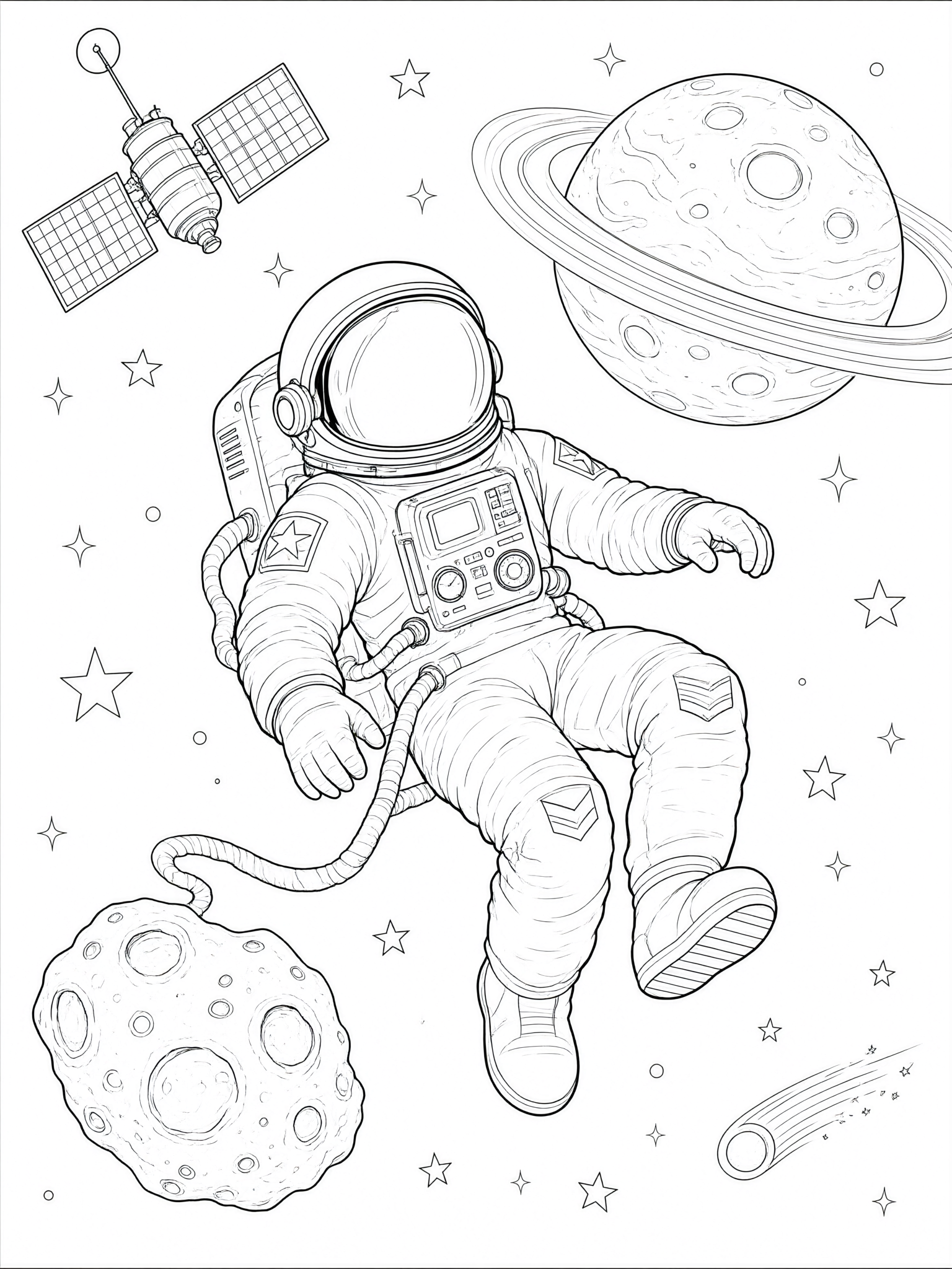 Coloring page: Astronaut floating in outer space.