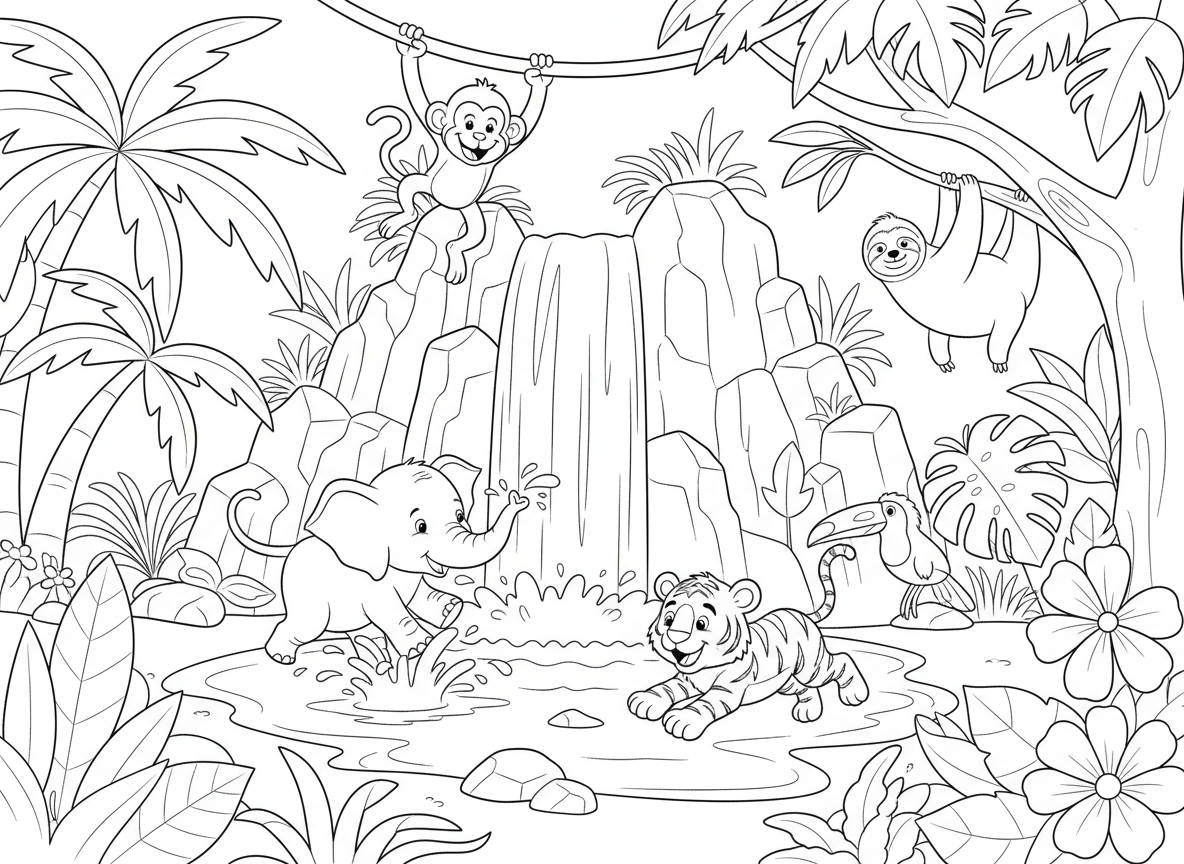 Coloring page: Animals playing under jungle falls