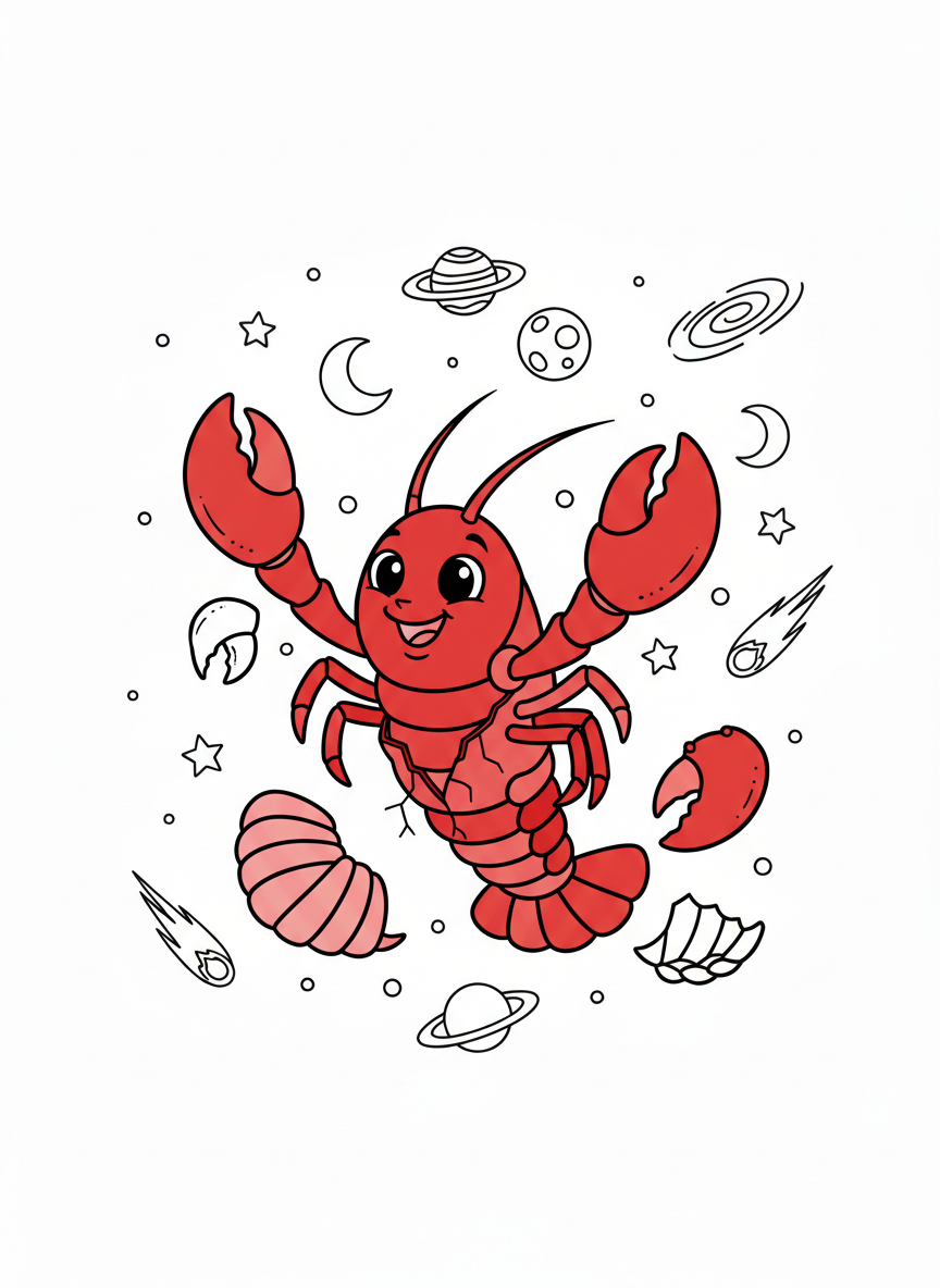 Coloring page: "Molty", A Lobster/Claw molting in space (edited: color it red)