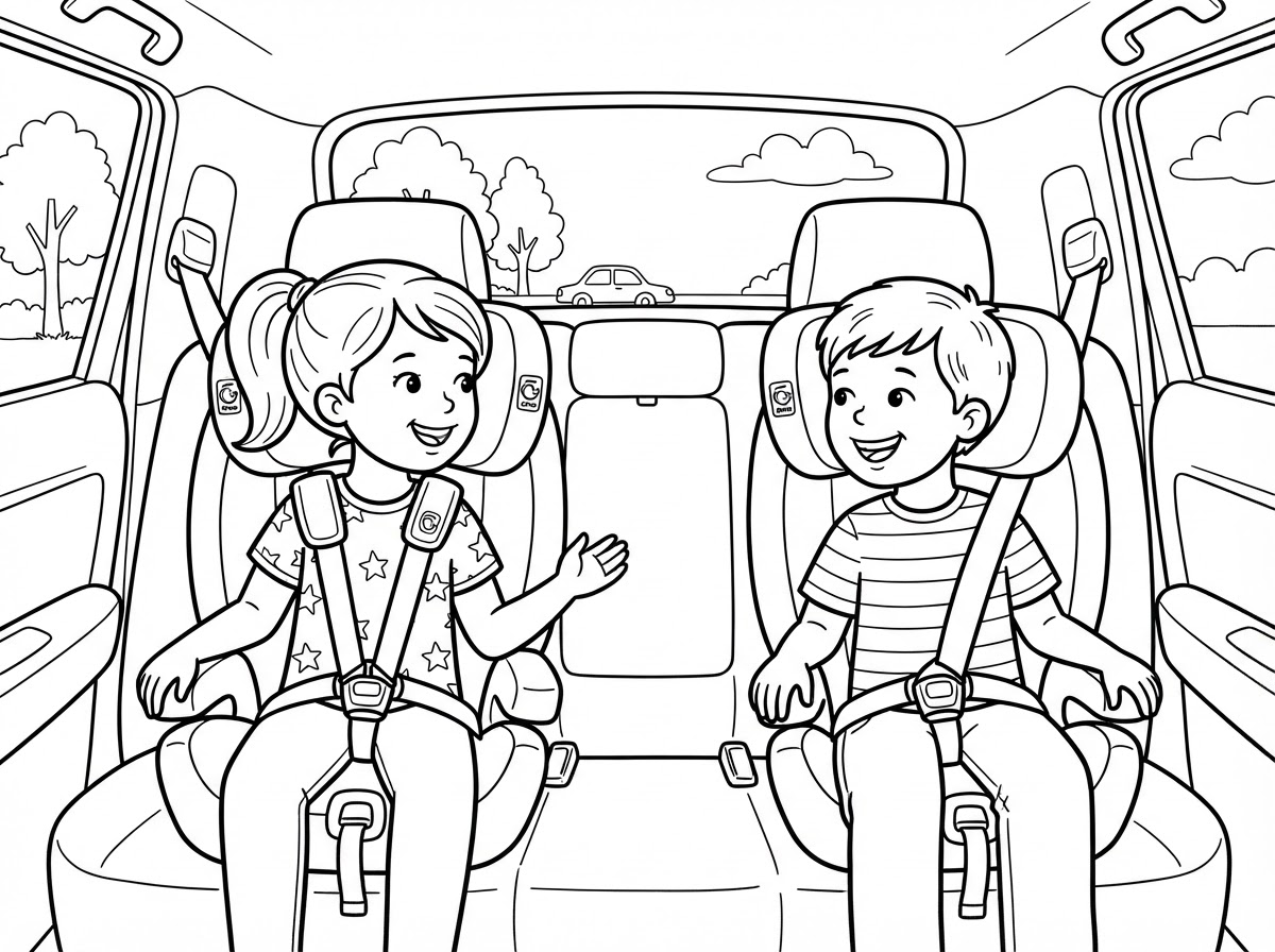 Coloring page: deux enfants qui parle dans deux siège auto dans une voiture