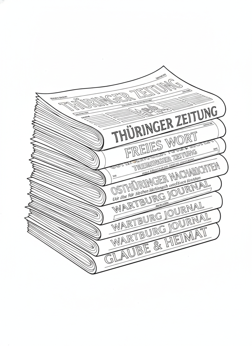 Coloring page: 10 aufeinander liegende zeitungen aus thüringen