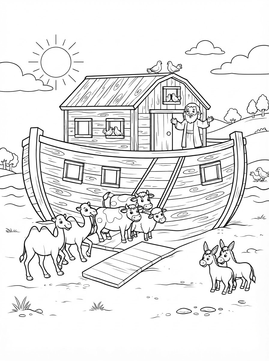 Coloring page: an ark with 2 camels, 2 cows, 2 sheep, 2 foxes, 2 donkeys and Noah (edited: can you remove the water and make it land) (edited: no dogs)