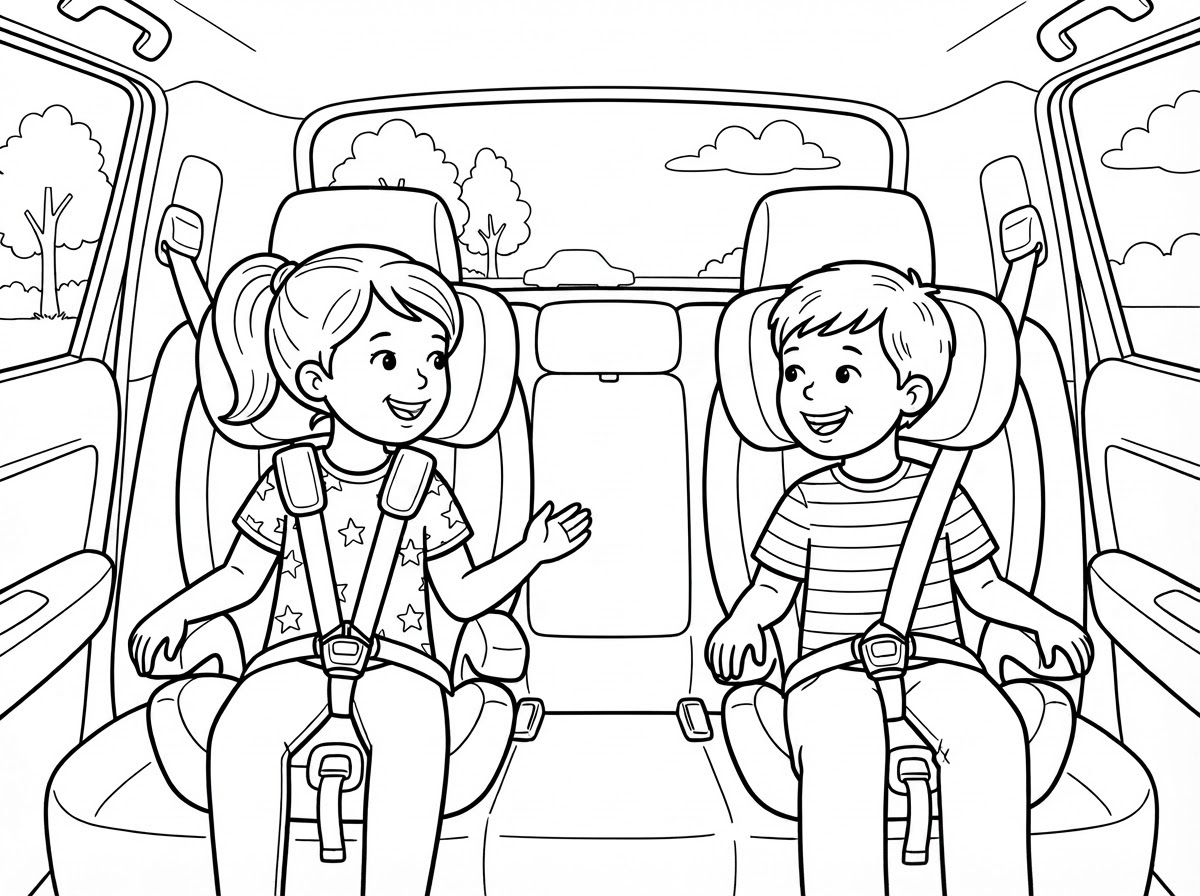 Coloring page: deux enfants qui parle dans deux siège auto dans une voiture (edited: Simplifier)
