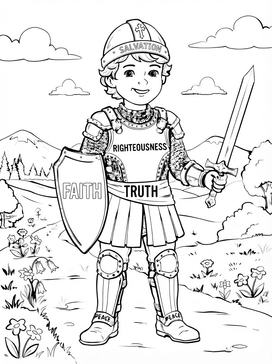 Coloring page: a boy with the whole armour of God on breastplate (edited: remove castle) (edited: can you color this sheet?) (edited: on the shield can you write the wor FAITH?) (edited: on the shield can you remove the lion and write the word FAITH?) (edited: on the shield can you write FAITH in Big letters?) (edited: Can you color this sheet?) (edited: on the breastsplate can you write RIGHTEOUSNESS?) (edited: Can you color this sheet?) (edited: can you remove the belt of RIGHTEOUSNESS?) (edited: can you add the word TRUTH on the belt?) (edited: Can you color this sheet?) (edited: Can you color this sheet?) (edited: can you put FAITH, TRUTH and SALVATION all in black letters?) (edited: can you color this sheet?) (edited: can you color this sheet?) (edited: can you remove the lion and cross on the shield?) (edited: can you color this sheet?)
