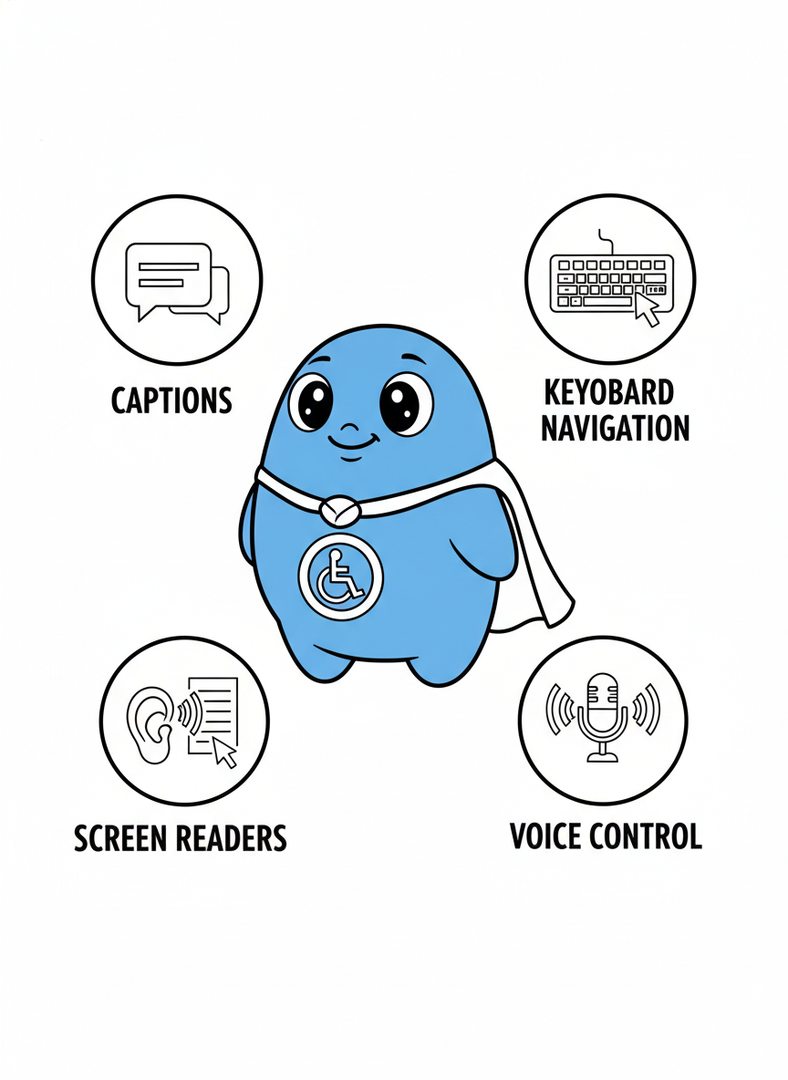 Coloring page: Cute accessibility mascot surrounded by icons for captions, keyboard navigation, screen readers, and voice control