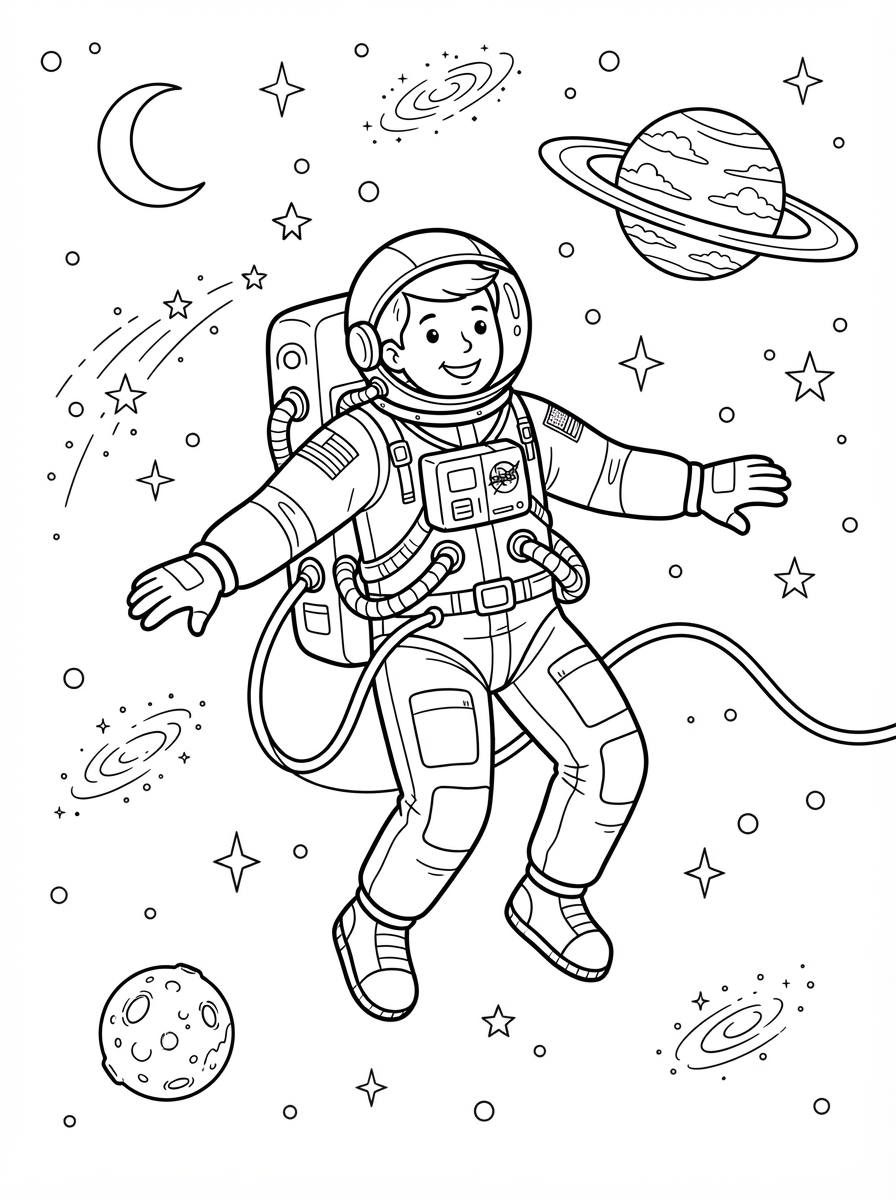 Coloring page: Astronaut floating in outer space.