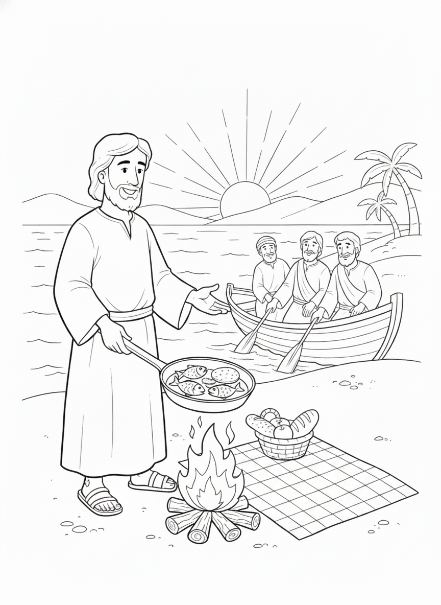 Coloring page: Jesus cooking breakfast by the sea (edited: only leave Jesus with cooking the fish in a pan over a fire with bread to the side, boat with disciples in it, sea, sun, mountains, trees)