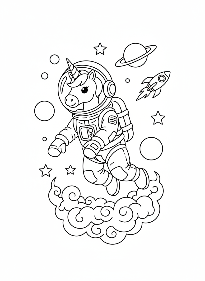 Coloring page: unicorn astronaut in space