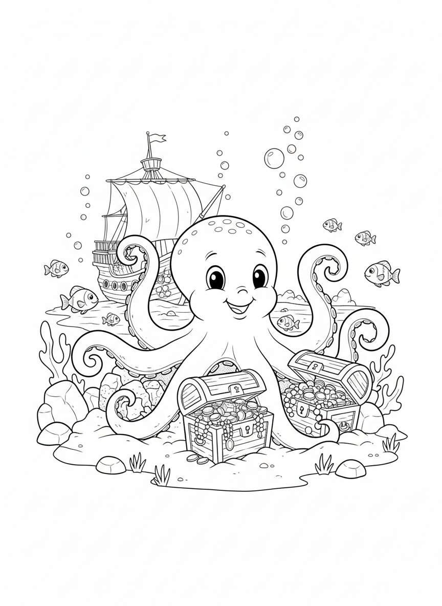 Coloring page: Friendly octopus guarding sunken gold.