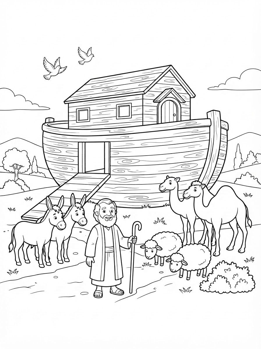 Coloring page: make an ark on land, with Noah, 2 donkeys, 2 birds, 2 sheep, 2 camels (edited: can you remove the bird flag on the ark)