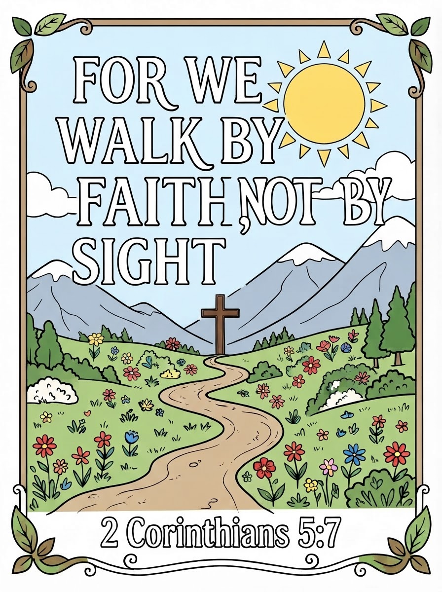 Coloring page: letters to color "For we walk by faith, not by sight" 2 Corinthians 5:7. Mountains, stream, sun (no face), clouds, flowers (edited: no stream, just a path) (edited: no bridge or stream, not a walking path and a cross at the end) (edited: no face on the sun) (edited: add Sight after BY) (edited: can you color this sheet?)