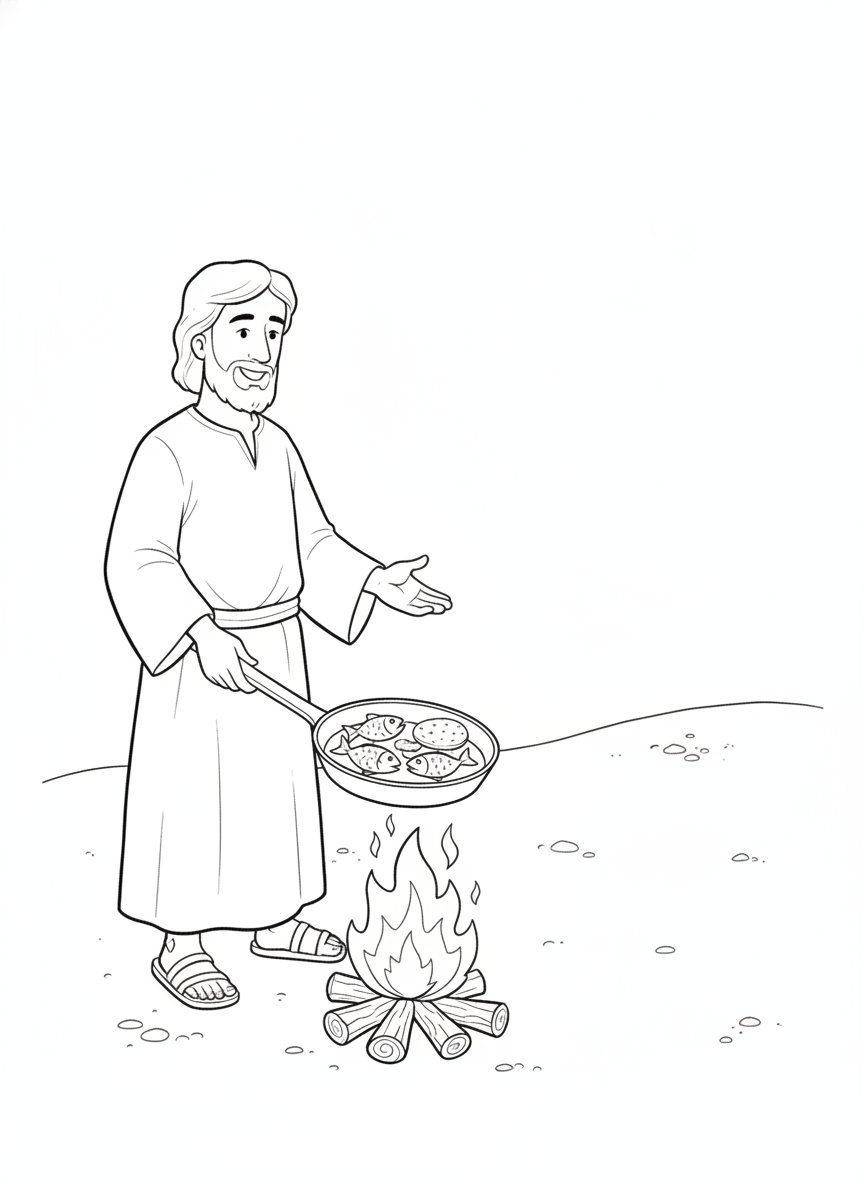 Coloring page: Jesus cooking breakfast by the sea (edited: Just Jesus cooking fish)