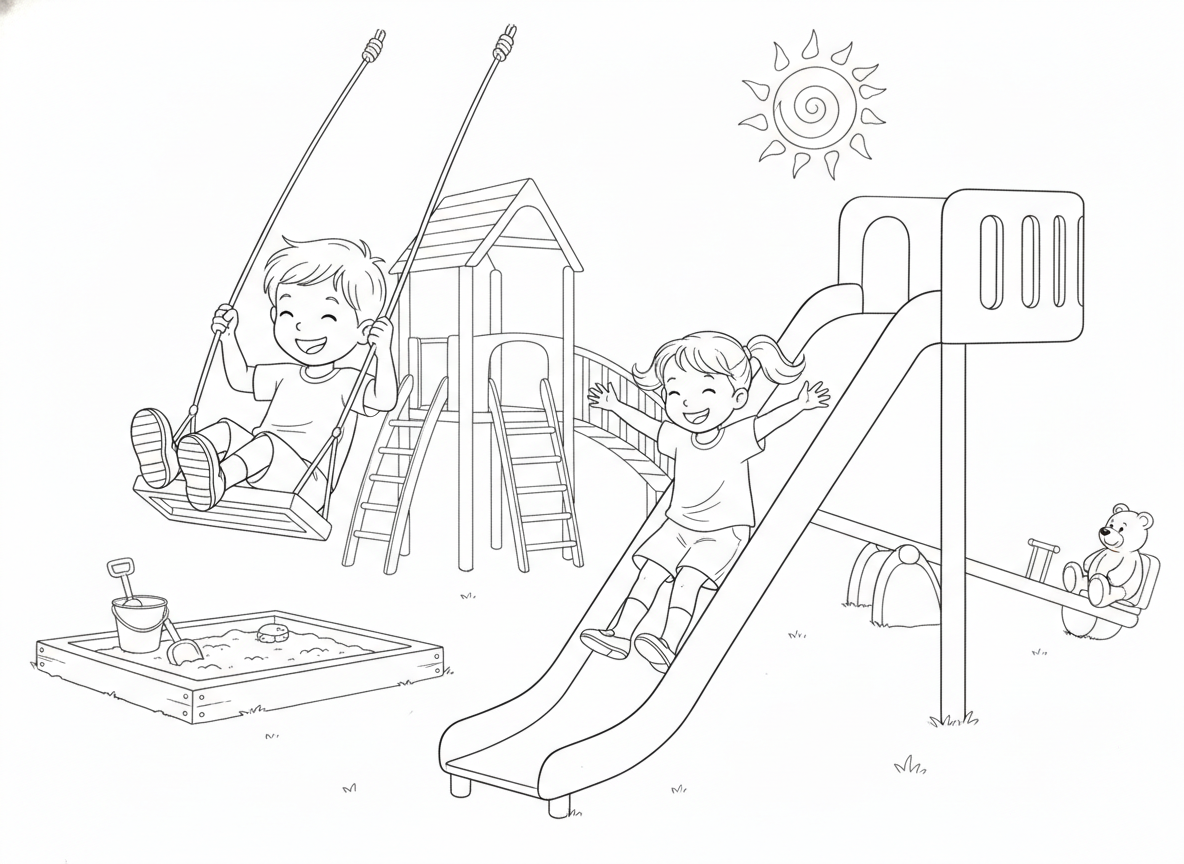 Coloring page: brother and sister playing at playground