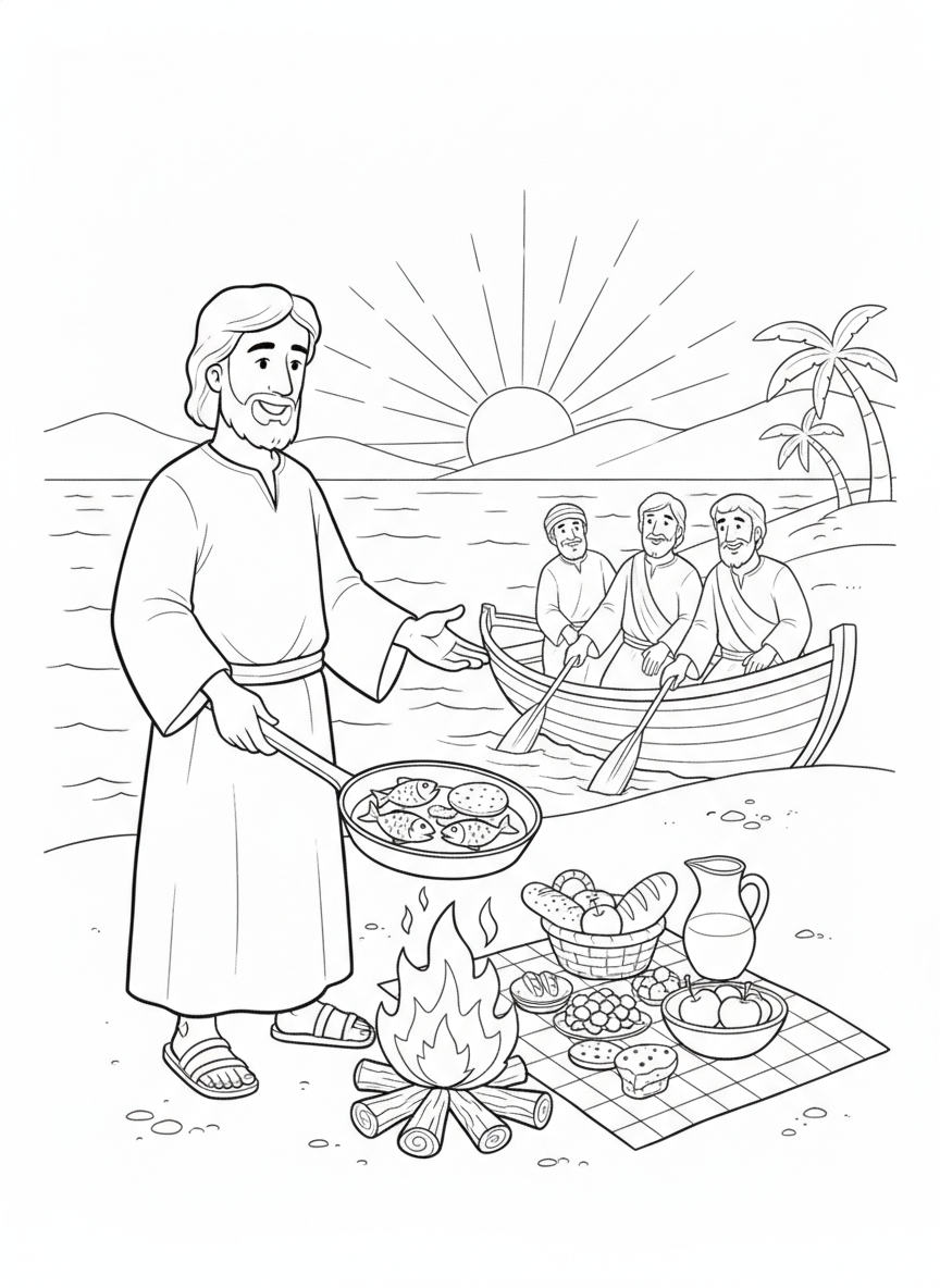 Coloring page: Jesus cooking breakfast by the sea