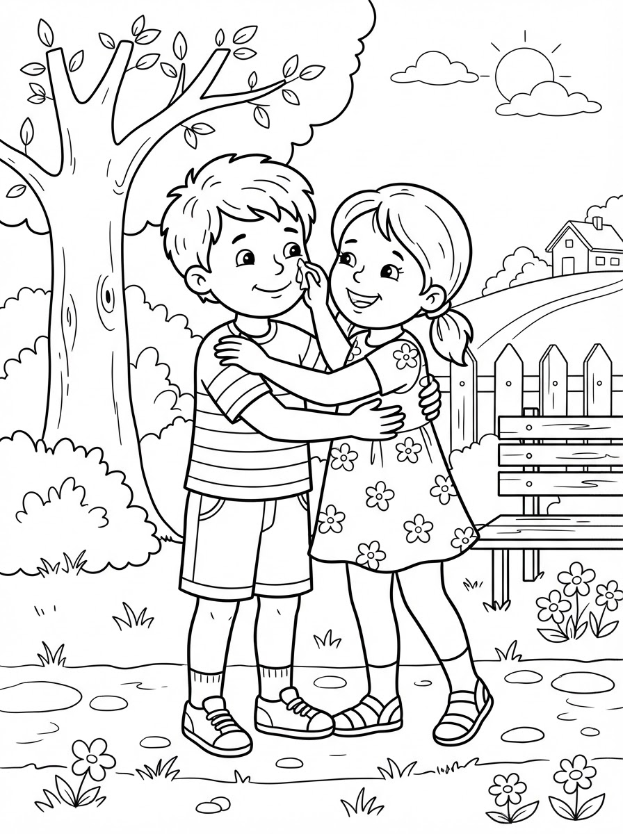 Coloring page: a boy and girl forgiving each other
