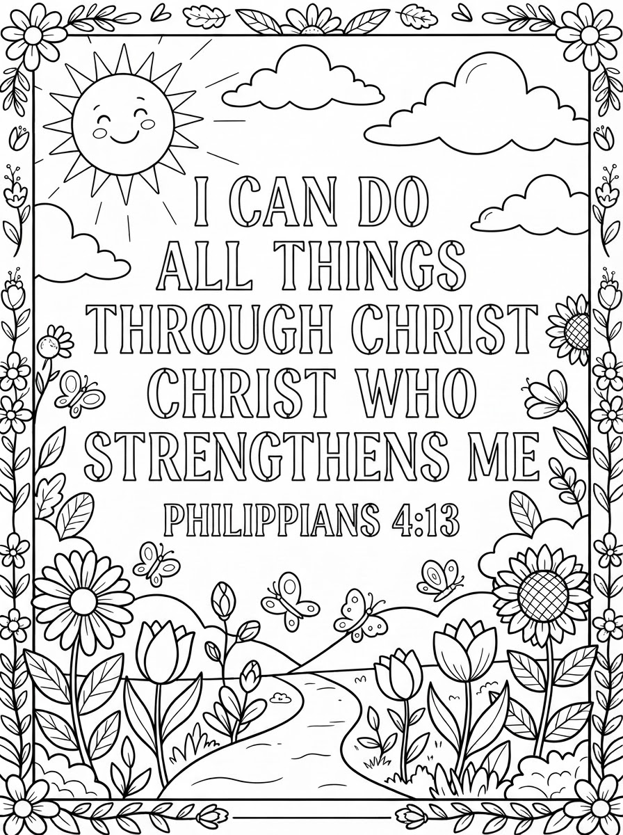 Coloring page: Stencil letters "I can do all things through Christ who strengthens me" Philippians 4:13. Add sun, clouds and flowers (edited: change the stencil letters to letters to color)