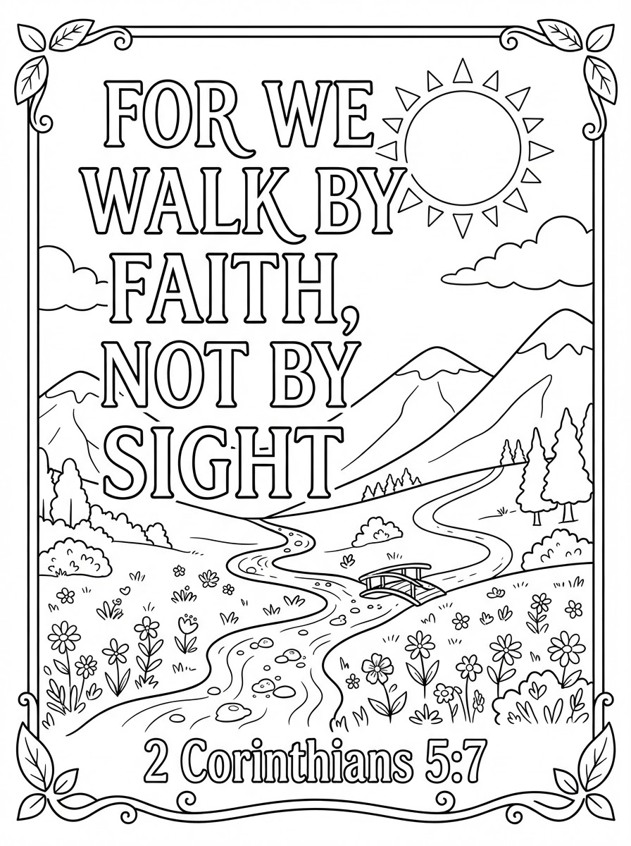 Coloring page: letters to color "For we walk by faith, not by sight" 2 Corinthians 5:7. Mountains, stream, sun (no face), clouds, flowers