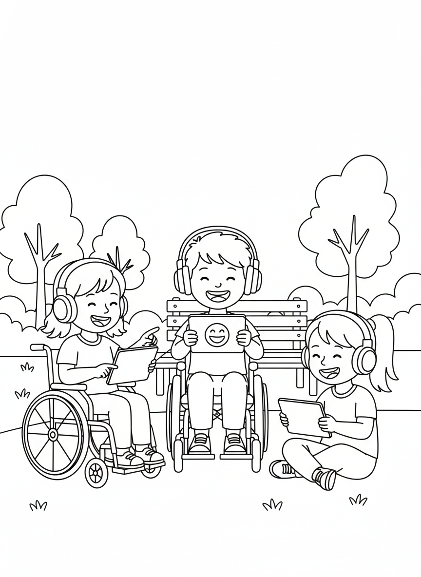 Coloring page: Happy kids using wheelchairs, tablets, and headphones together