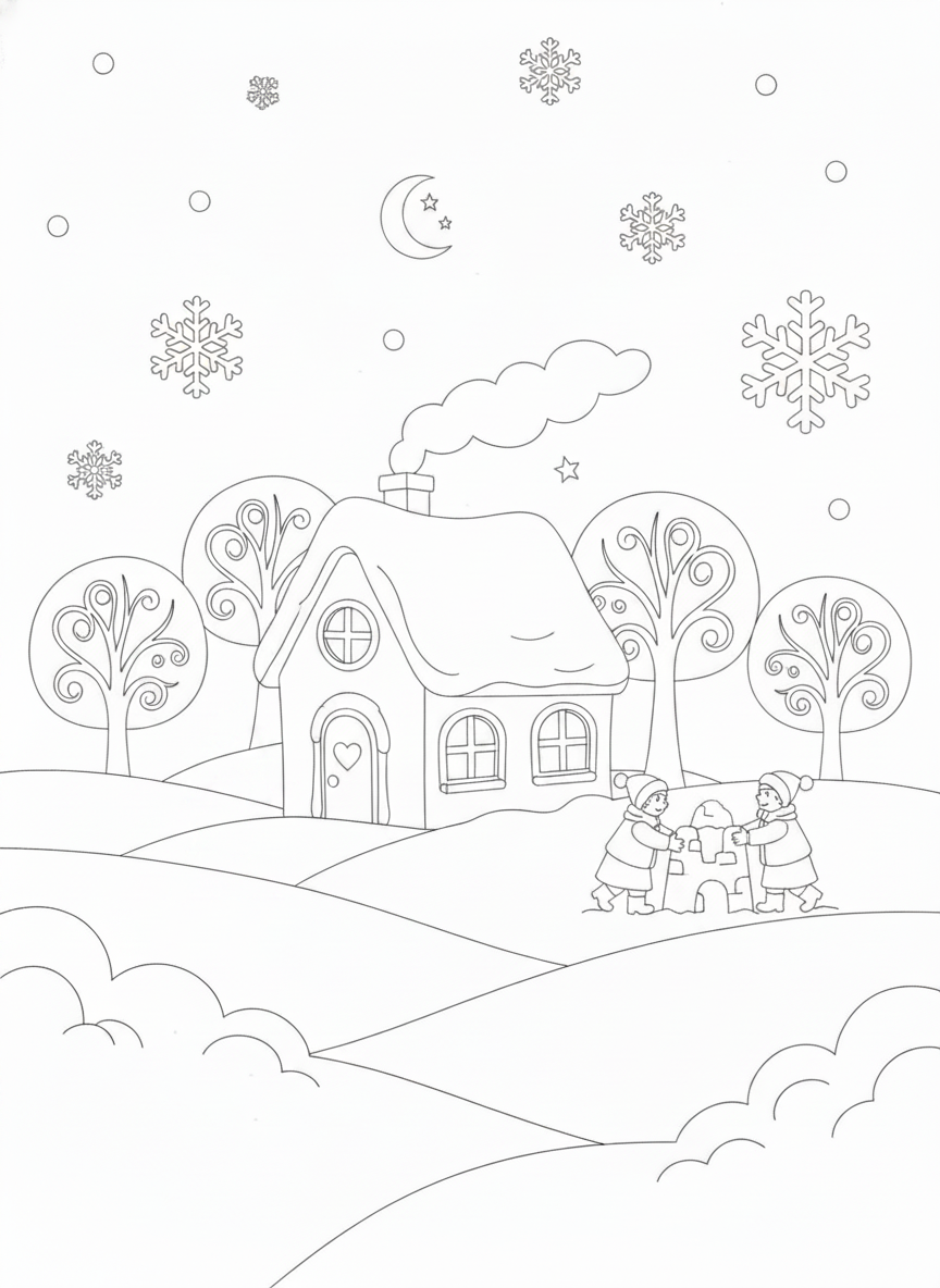 Coloring page: a winter scene (edited: no snowman)
