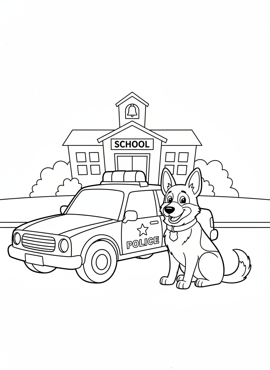 Coloring page: police car beside police dog simple image for young kids street behind or school
