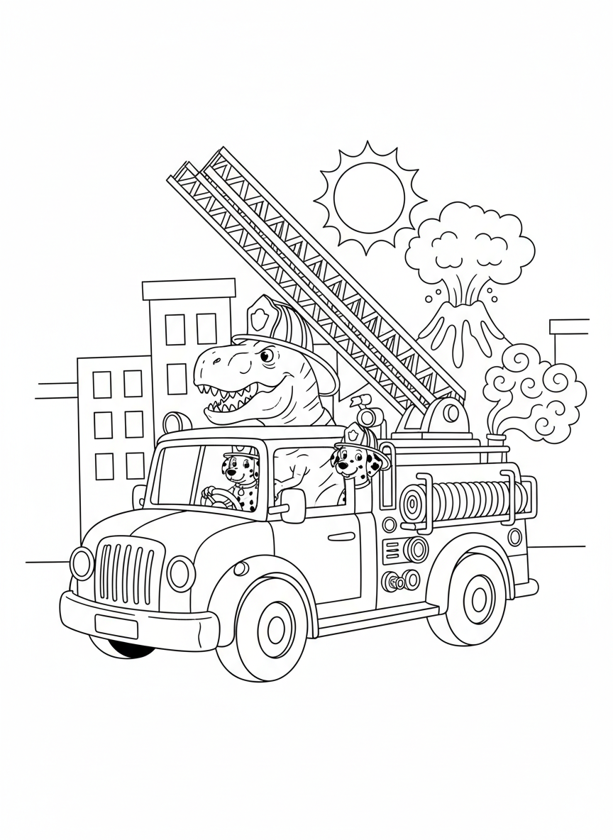 Coloring page: dinosaur driving a fire truck