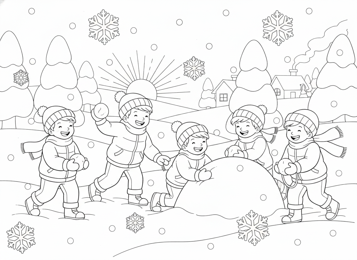 Coloring page: 下雪了，小朋友们在雪地里打雪仗