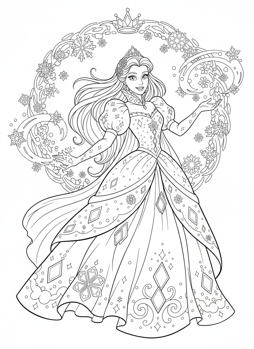 Coloring page: ice princess with magical snow powers and sparkly dress