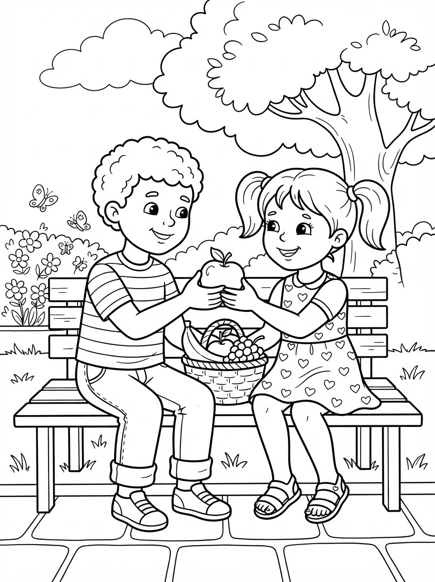 Coloring page: a boy and a girl being kind to each other