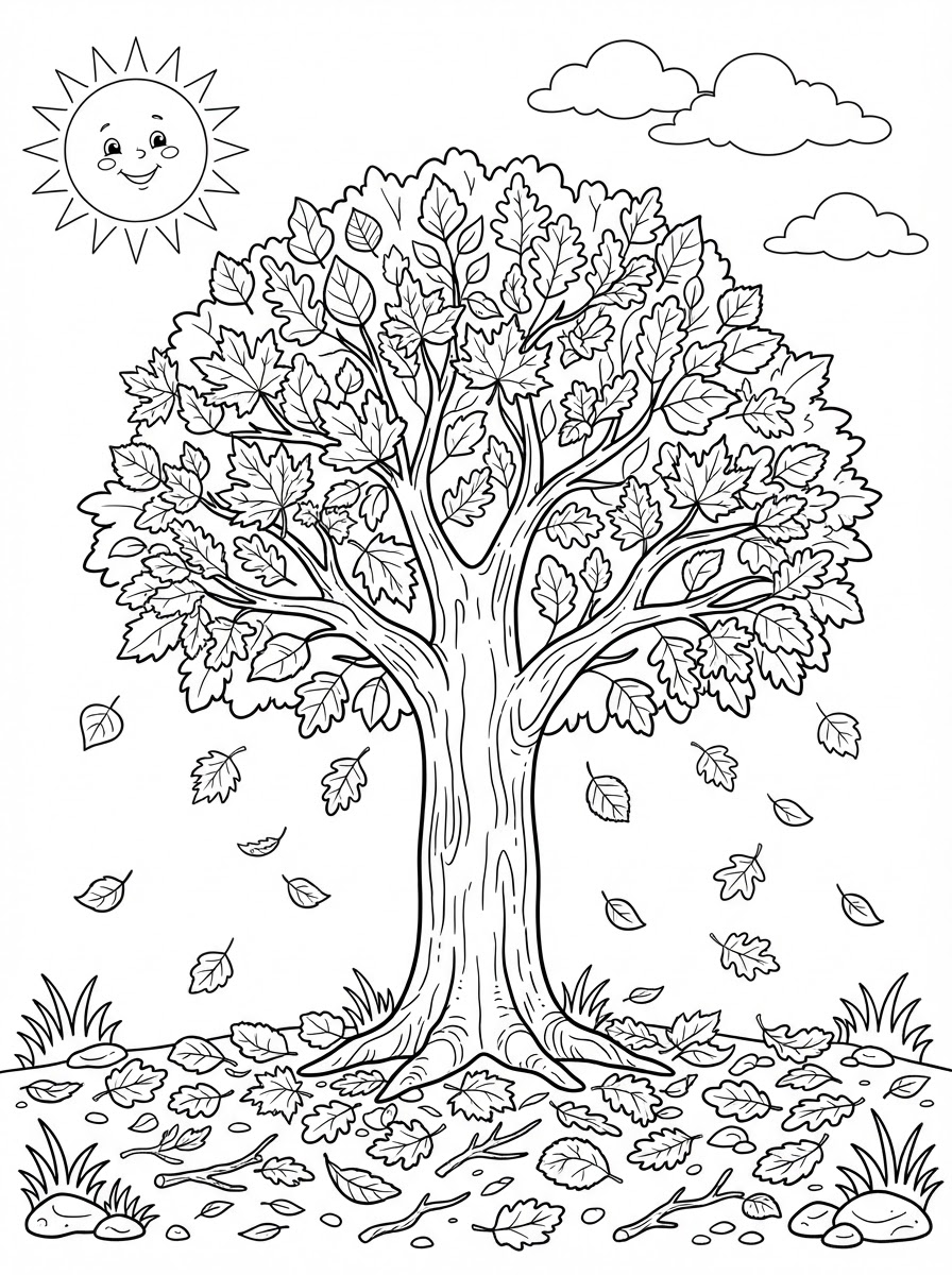 Coloring page: a fall tree with leaves falling on the ground, cloud and sun