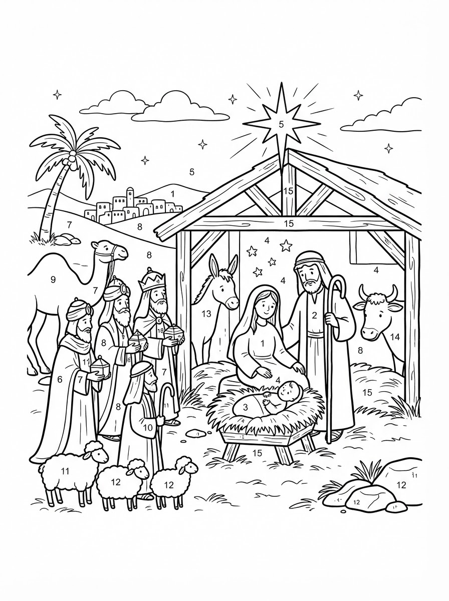 Coloring page: can you make a color by number nativity scene page