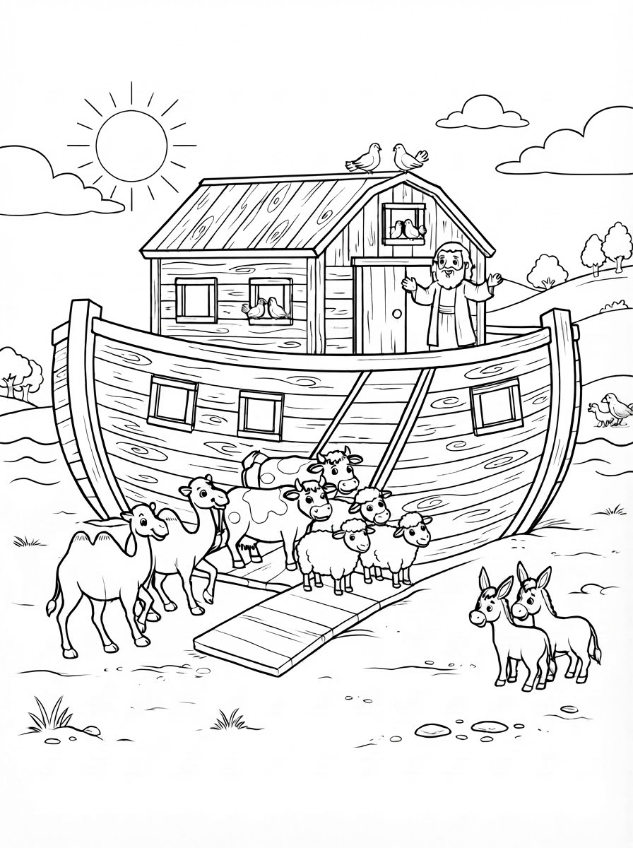 Coloring page: an ark with 2 camels, 2 cows, 2 sheep, 2 foxes, 2 donkeys and Noah (edited: can you remove the water and make it land) (edited: no dogs) (edited: add another sheep) (edited: remove a sheep)