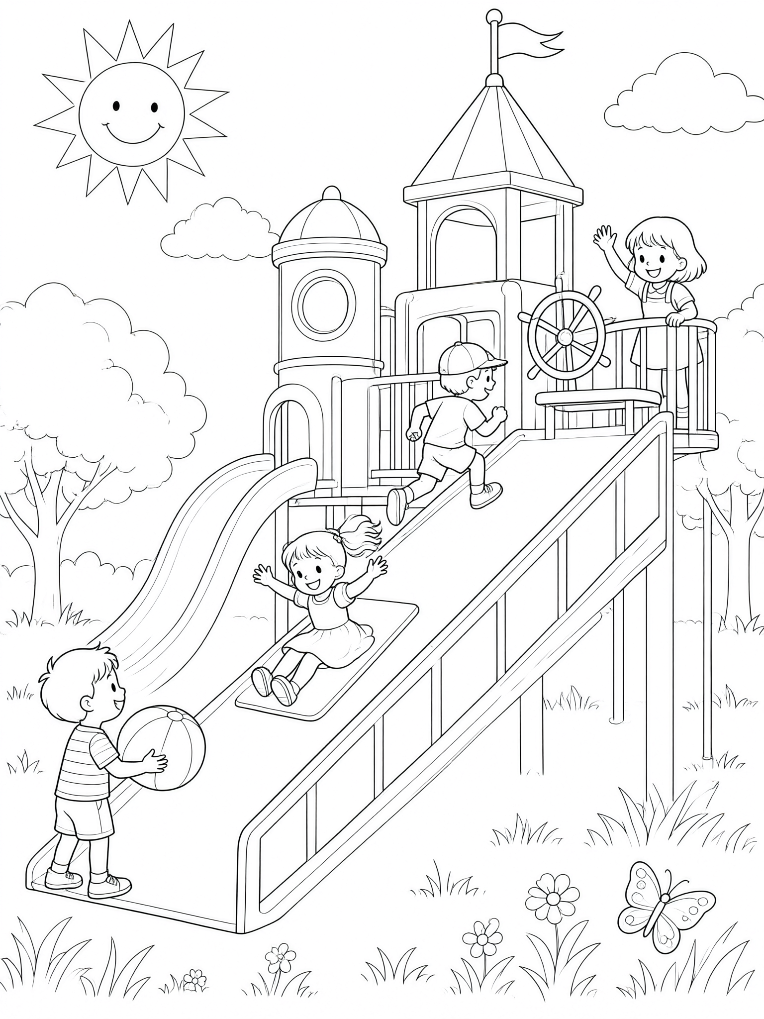 Coloring page: Kids on a ramp to fun playground.