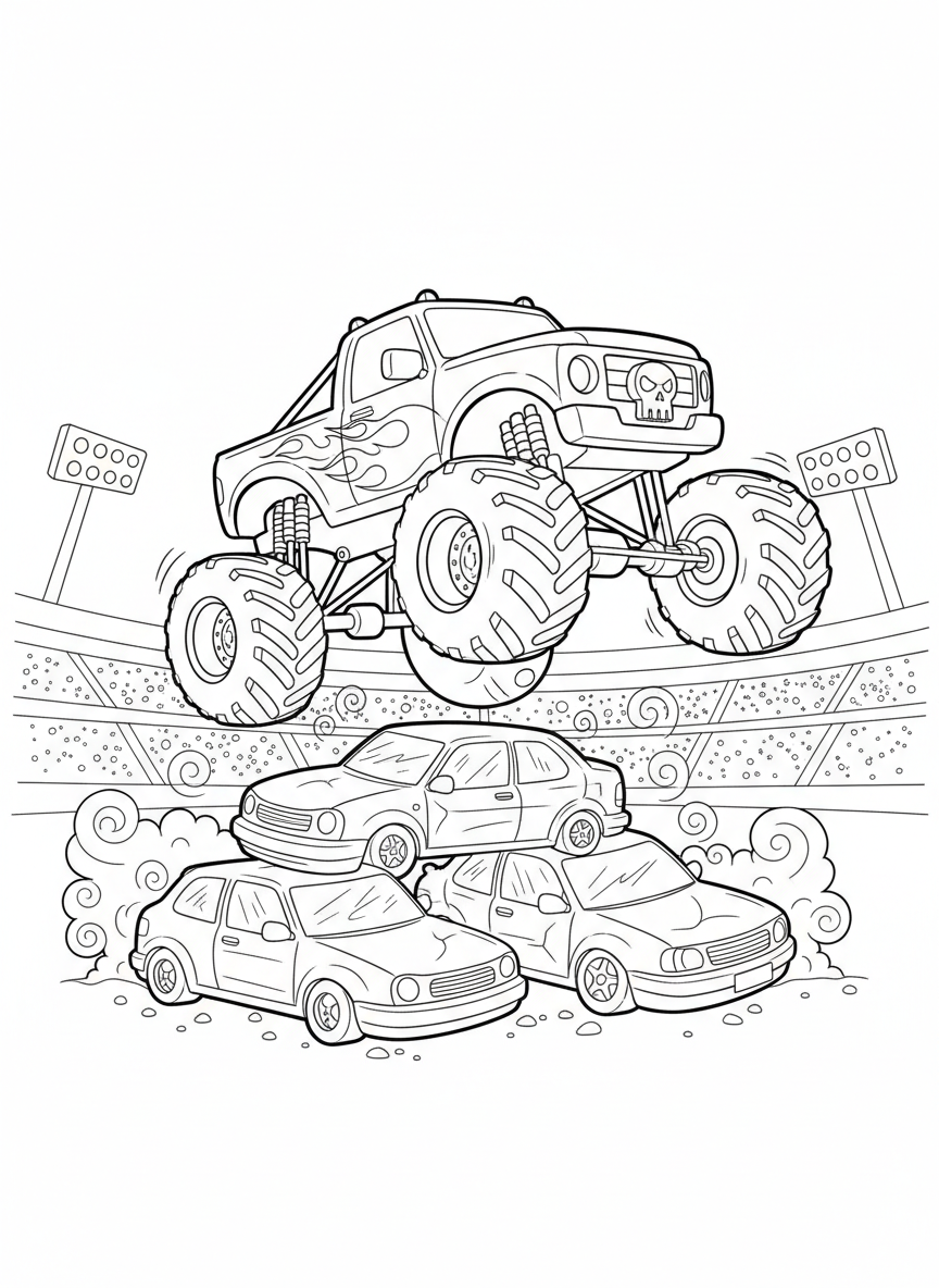 Coloring page: monster truck jumping over cars