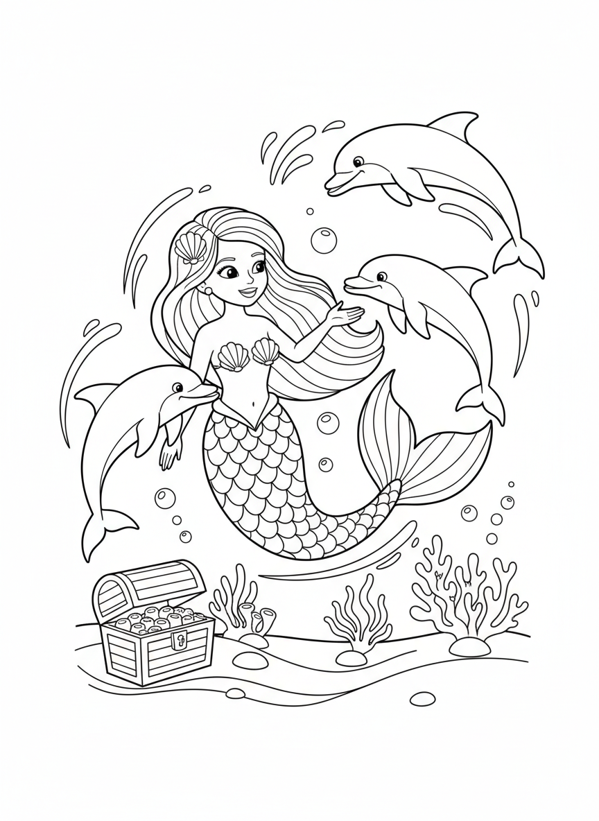 Coloring page: mermaid swimming with dolphins
