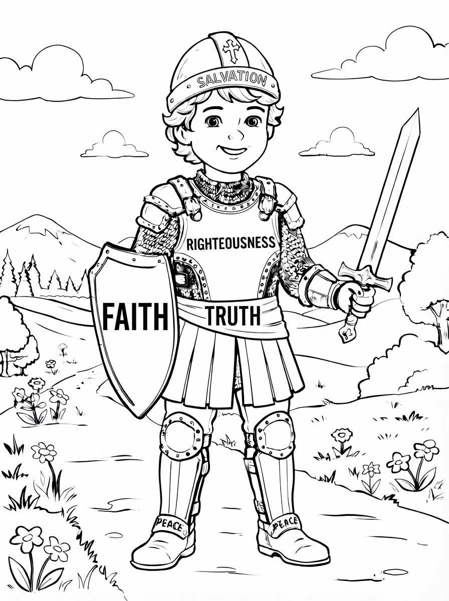 Coloring page: a boy with the whole armour of God on breastplate (edited: remove castle) (edited: can you color this sheet?) (edited: on the shield can you write the wor FAITH?) (edited: on the shield can you remove the lion and write the word FAITH?) (edited: on the shield can you write FAITH in Big letters?) (edited: Can you color this sheet?) (edited: on the breastsplate can you write RIGHTEOUSNESS?) (edited: Can you color this sheet?) (edited: can you remove the belt of RIGHTEOUSNESS?) (edited: can you add the word TRUTH on the belt?) (edited: Can you color this sheet?) (edited: Can you color this sheet?) (edited: can you put FAITH, TRUTH and SALVATION all in black letters?) (edited: can you color this sheet?)