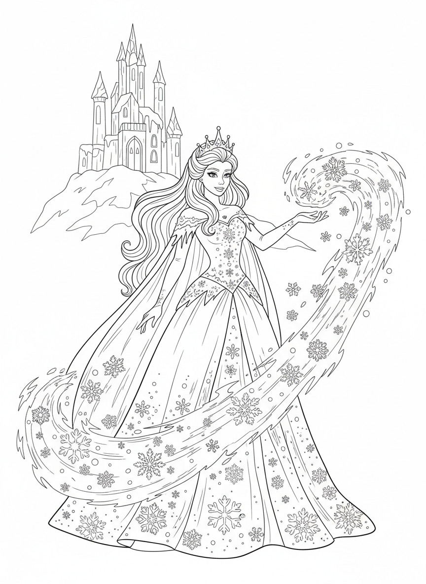 Coloring page: ice princess with magical powers