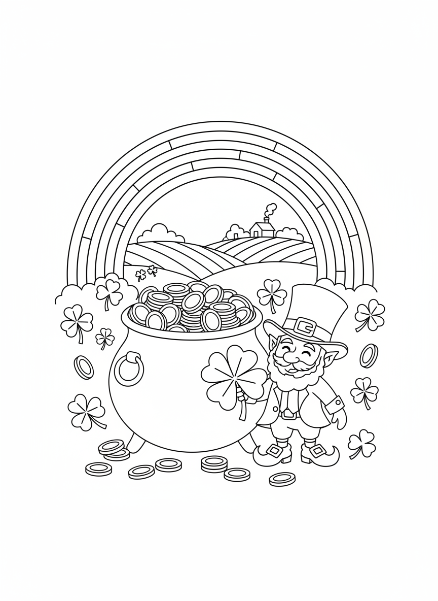 Coloring page: Leprechaun's pot of gold at rainbow