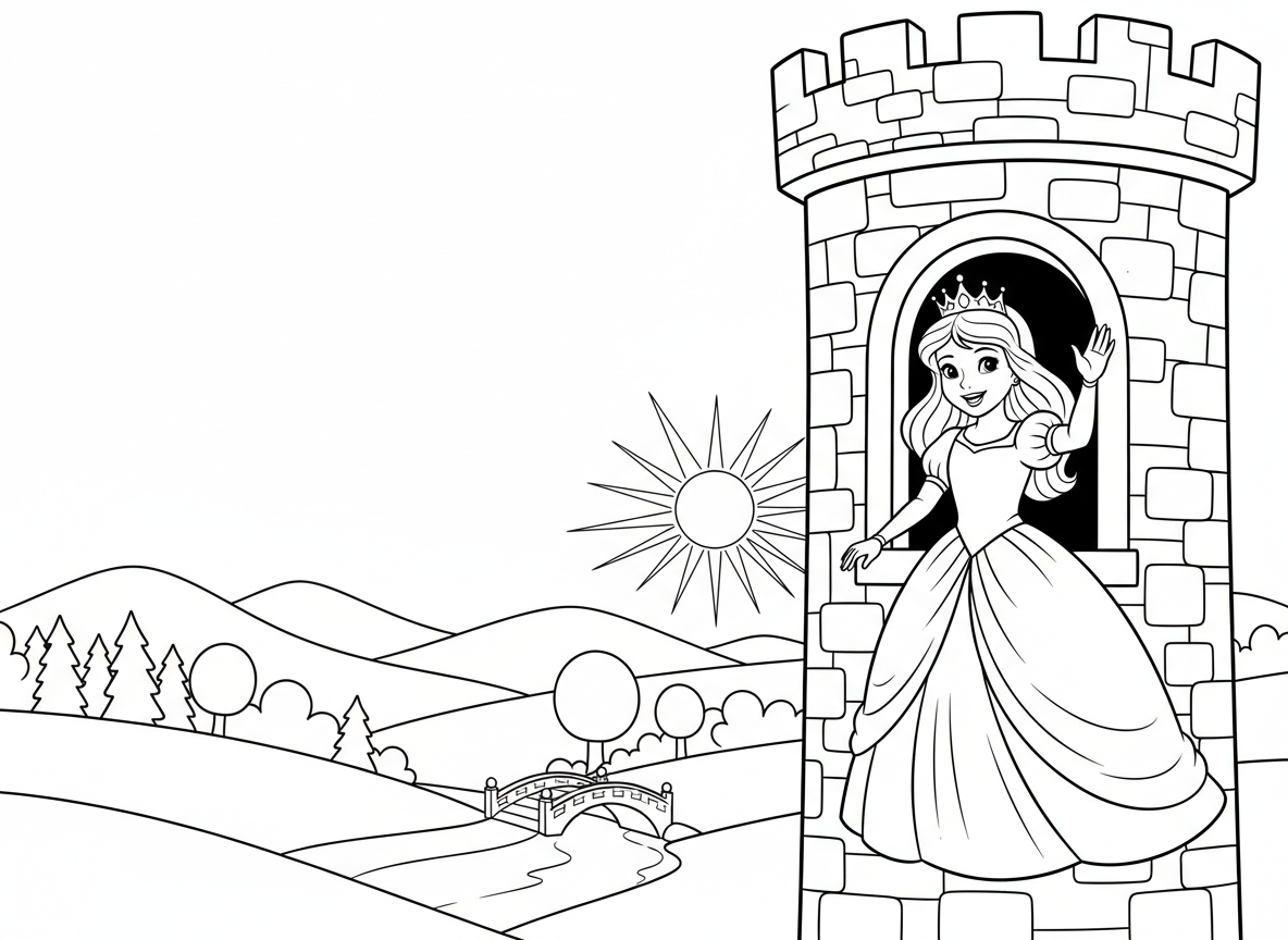 Coloring page: Prinzessin winkt vom Turm.