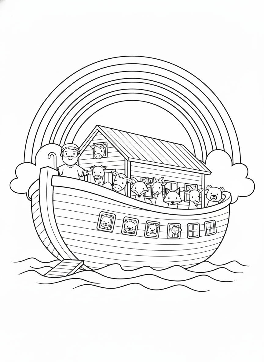 Coloring page: Noah's Ark only ark, on water with rainbow (edited: ark, rainbow, cloud, water, Noah, only 2 cows, 2 horses, 2 foxes, 2 goats, 2 bears)